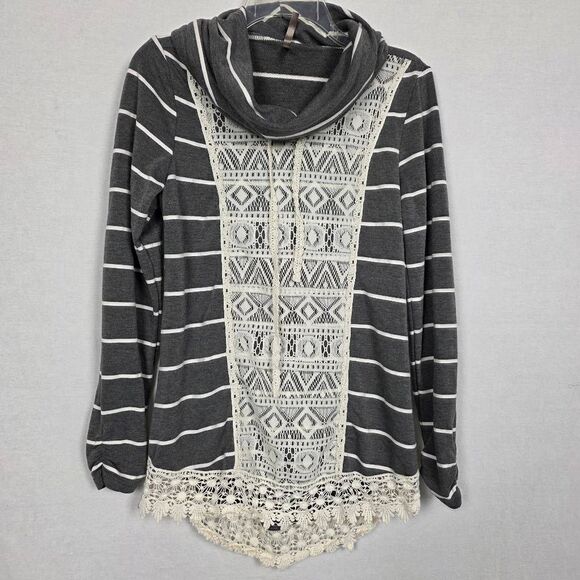 Vanity Gray Striped Lace Trim Hoodie Top Medium - Picture 2 of 6